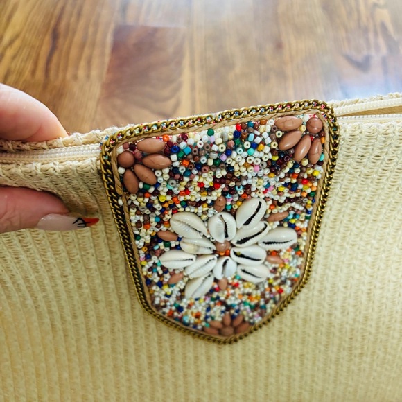 NEW Straw Clutch Crossbody Bag Shell Pearl Closure - Picture 8 of 9